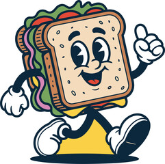 Retro vintage cartoon sandwich character walking and gesturing thumbs up on yellow background energetic mascot illustration for restaurant branding fast food marketing and fun menu design concept