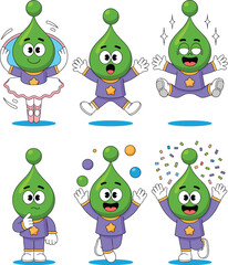 Cute green character mascot set showing different emotions and activities like dancing ballet juggling and celebrating with confetti perfect for kids educational content and brand marketing design