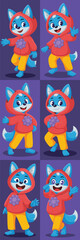 Cute blue wolf character wearing red hoodie and yellow pants set of mascot illustrations for children book design and nursery branding cheerful animal avatar waving and smiling for web graphics