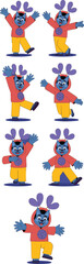 Cute blue cat mascot character set dancing and waving in colorful hoodie for kids brand identity and animation project playful cartoon animal collection for educational apps and youth marketing