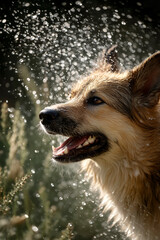 Happy dog ​​is running in the water