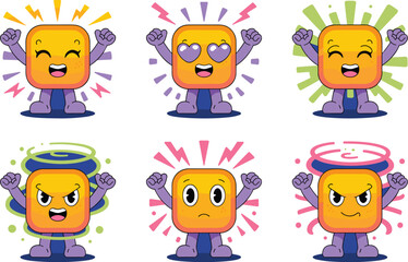 Cute cube character set with various emotions and facial expressions for social media marketing and app design flat vector mascot illustration showing happy angry sad and love moods in 2D style