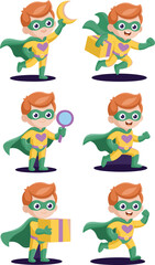 Little boy superhero character set wearing yellow and green costume with cape and mask running holding gift box and magnifying glass for children education marketing and comic book illustrations