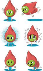 Cute red blood drop character mascot set with different facial expressions and poses for medical education healthcare marketing and pediatric science communication cartoon character illustration