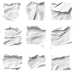 Curled torn paper sheet fragments on white
