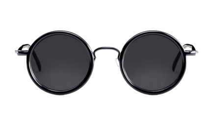 Round black sunglasses isolated in high resolution png style with clean transparent background feel, crisp detailed cutout ideal for retro fashion branding, ecommerce product mockups, stickers.