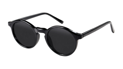 Round black sunglasses isolated in high resolution png style with clean transparent background feel, crisp detailed cutout ideal for retro fashion branding, ecommerce product mockups, stickers.