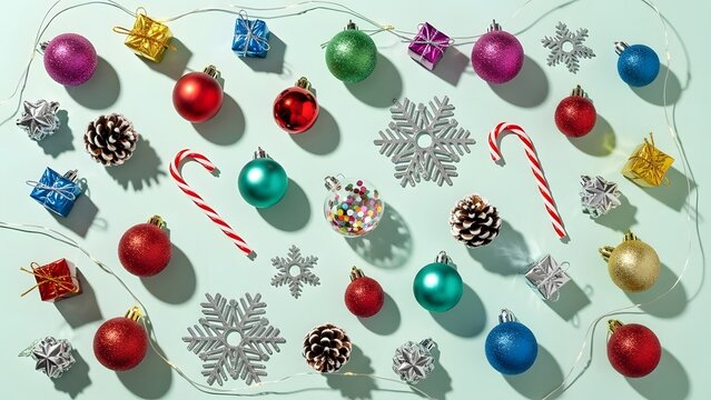 Playful Christmas Background with Colorful Holiday Ornaments Flat Lay