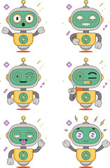 Cute robot character set with different facial expressions and emotions showing surprise happiness fatigue and low battery for technology education and mobile app interface design collection