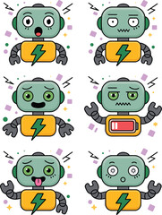 Cute robot character set with various facial expressions and low battery indicator on orange background for technology education and mobile app user interface design mascot vector illustration