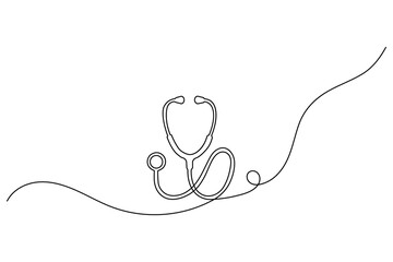 Minimalist one line drawing of a stethoscope for medical healthcare and professional doctor equipment