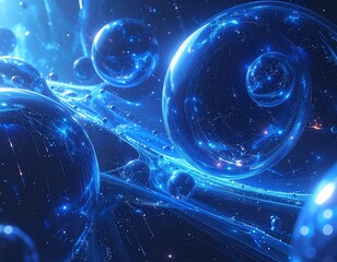 Deep space filled with glowing blue spheres and swirling plasma