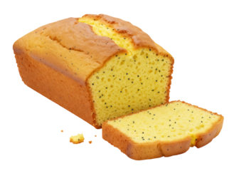 Delicious lemon poppy seed loaf cake isolated PNG, freshly baked sweet bread on transparent background for dessert and bakery concepts