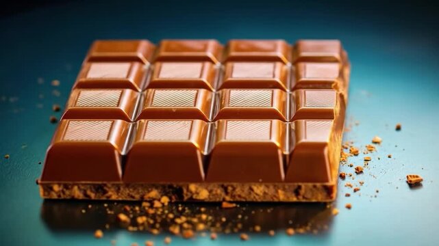 Close up of a chocolate bar showing squares and textured surface