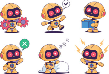 Cute cartoon robot character set doing various tasks and showing emotions for technology branding artificial intelligence mascot collection for automation software and digital customer service