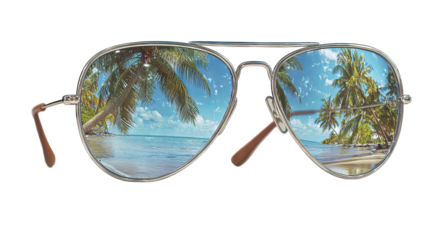 Stylish aviator sunglasses with tropical beach reflection isolated in high resolution png style, clean transparent background feel and sharp cutout perfect for summer travel branding.