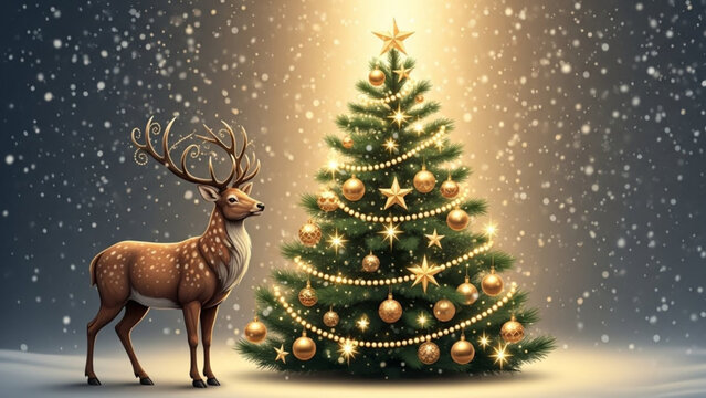 Majestic reindeer stands beside a glowing decorated Christmas tree festive winter scene with falling snow holiday celebrat - Powered by Adobe