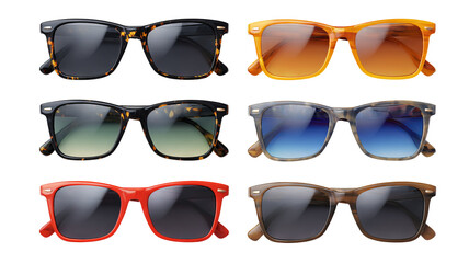 Stylish summer sunglasses collection isolated in high resolution png style with clean transparent background feel, premium cutout set ideal for fashion branding, ecommerce product mockups, stickers.