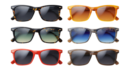 Stylish summer sunglasses collection isolated in high resolution png style with clean transparent background feel, premium cutout set ideal for fashion branding, ecommerce product mockups, stickers.