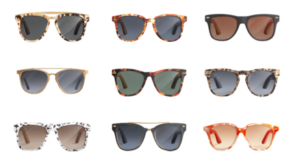 Stylish summer sunglasses collection isolated in high resolution png style with clean transparent background feel, premium cutout set ideal for fashion branding, ecommerce product mockups, stickers.