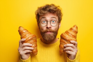 A surprised man holding two croissants on a yellow background.