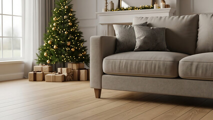 Cozy living room with christmas tree and gift boxes