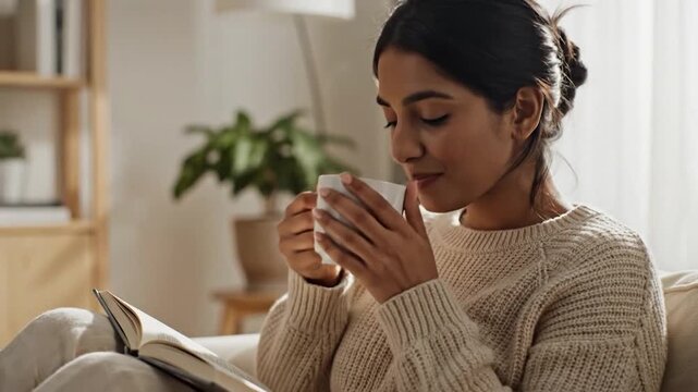 Cozy Reading Time - Woman Enjoying Book and Coffee at Home.