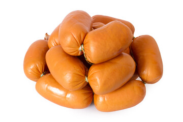 A bunch of short, thick meat sausages. Pile of sausages isolated on white background