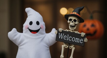 Cute Halloween decorations with friendly ghost and skeleton holding welcome sign. Spooky autumn holiday concept with jack-o'-lantern in background