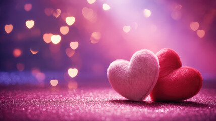 Fototapeta premium Two fluffy heart shapes in pink and red on glittery surface with bokeh lights hearts