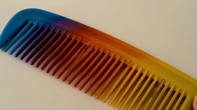 Close up of a colorful comb against a white background