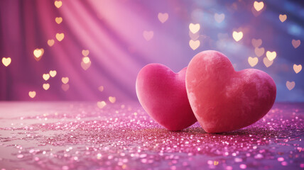 Two pink plush hearts on a sparkling pink surface with heart shaped bokeh lights