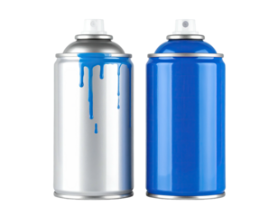 Two colorful aerosol cans, one with blue paint drips, against a black backdrop