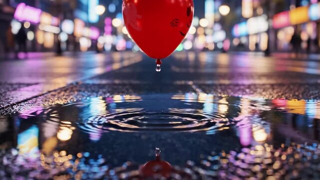 A red balloon sitting on a wet street at night with colorful reflections