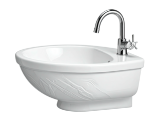 White ceramic bidet with chrome faucet and decorative etched design