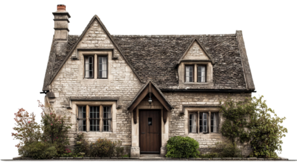 Two story stone old English cottage bungalow in the UK isolated high resolution PNG style with transparent background look perfect architectural cutout for design and branding