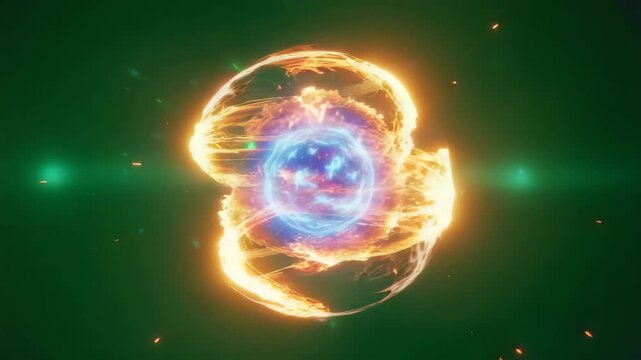 Fiery blue energy orb creates an intense nuclear fusion reaction surrounded by glowing orange plasma against a dark green background