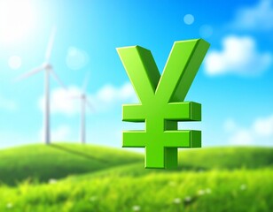 Obraz premium Vibrant Green 3D Yen with Blurry Wind Turbine Farm