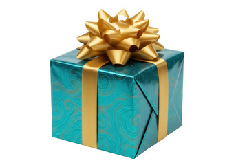 Teal gift box with gold ribbon and bow isolated PNG, present wrapped in decorative paper for birthday or holiday celebration