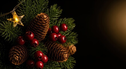 Holiday Garland Detail With Glowing Star And Natural Decorations On Black