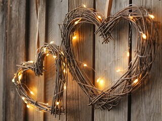 Rustic heart shaped wreath with warm fairy lights