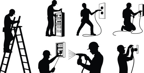 Obraz premium Electrician silhouettes performing various installation, maintenance, and repair tasks with tools and equipment in industrial and residential vector illustration