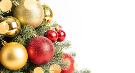 Red And Gold Christmas Ornaments On Pine Branches With Bokeh Lights On White Background
