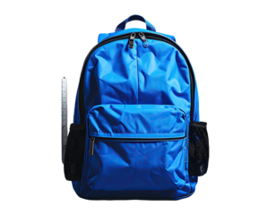A bright blue backpack with a ruler, set against a black background