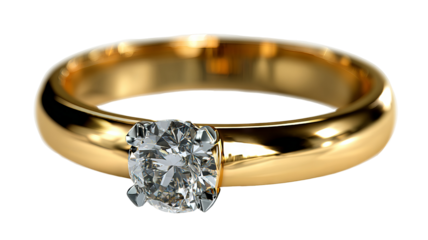 Beautiful gold engagement ring with diamond isolated in high resolution png style, clean transparent background feel and sparkling detailed cutout ideal for bridal jewelry branding, proposal designs 