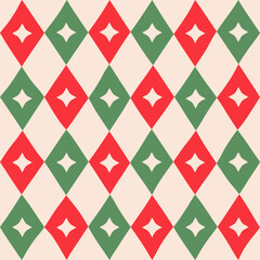 Abstract seamless geometric Christmas modern minimal pattern of red and green rhombuses with star on light background, simple hand-drawn vector illustration, flat style