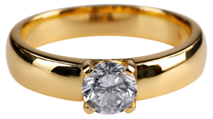 Beautiful gold engagement ring with diamond isolated in high resolution png style, clean transparent background feel and sparkling detailed cutout ideal for bridal jewelry branding, proposal designs 