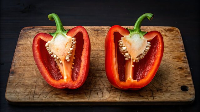 Two halved red bell peppers on a wooden cutting board - Powered by Adobe
