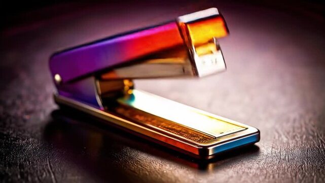 Close up of a colorful stapler on a dark surface studio shot