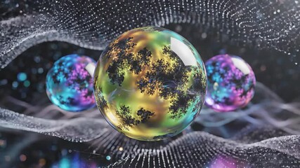 Mesmerizing iridescent spheres with intricate fractal patterns float gracefully amidst a shimmering digital wave creating a vibrant abstract representation of quantum computing data visualization or . - Powered by Adobe